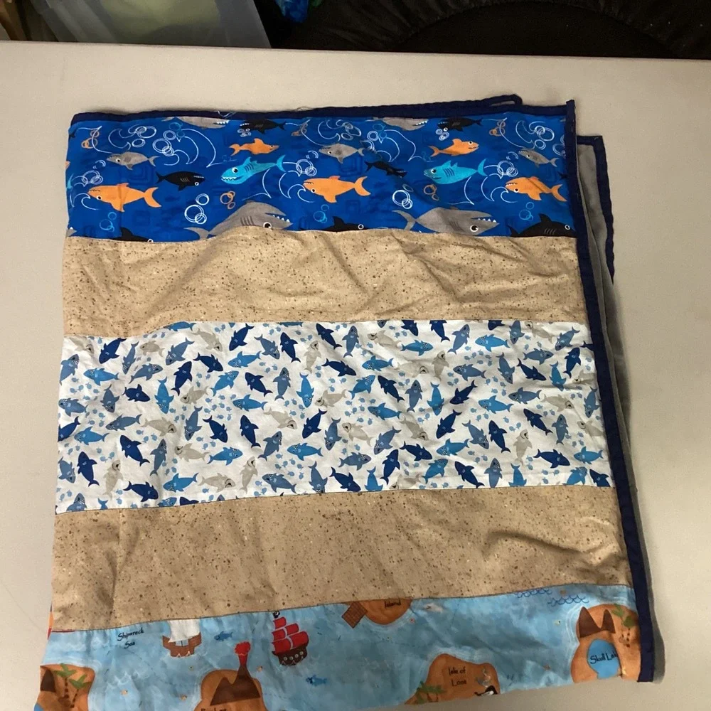 Kids Shark Pirate FishQuilt Blanket‎ Blue Red Multi Beach Ocean Theme 44 x 40